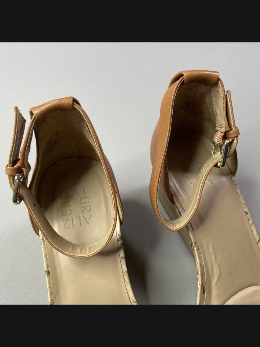 NEW Naturalizer Shoes Womens 10 brown gold leather cork cami wedge heels sandals